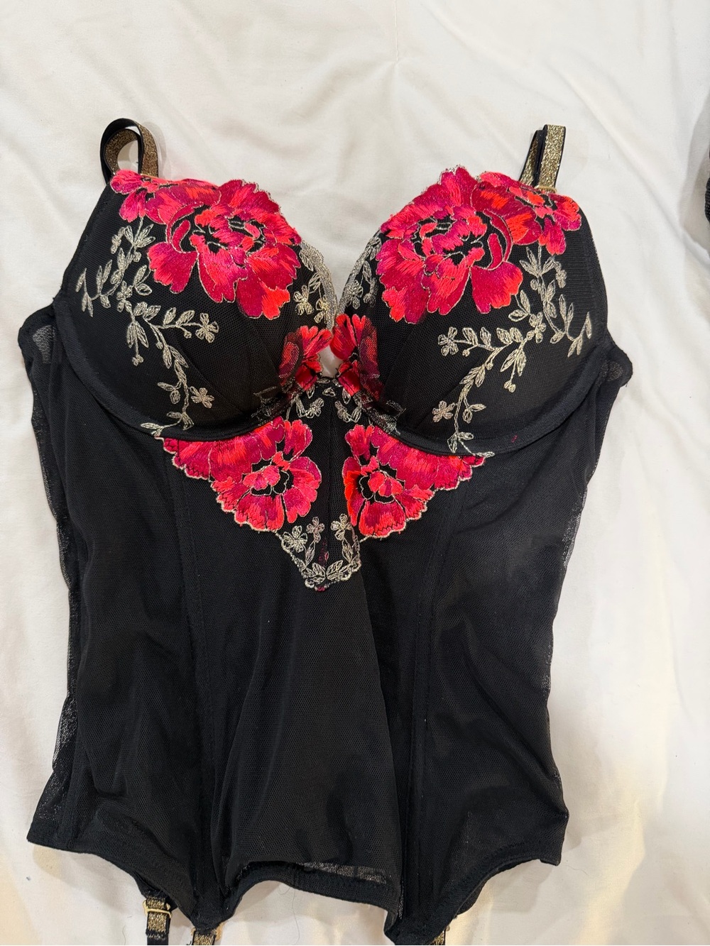 Victoria's Secret Black Bodysuit with Pink Floral Embroidery